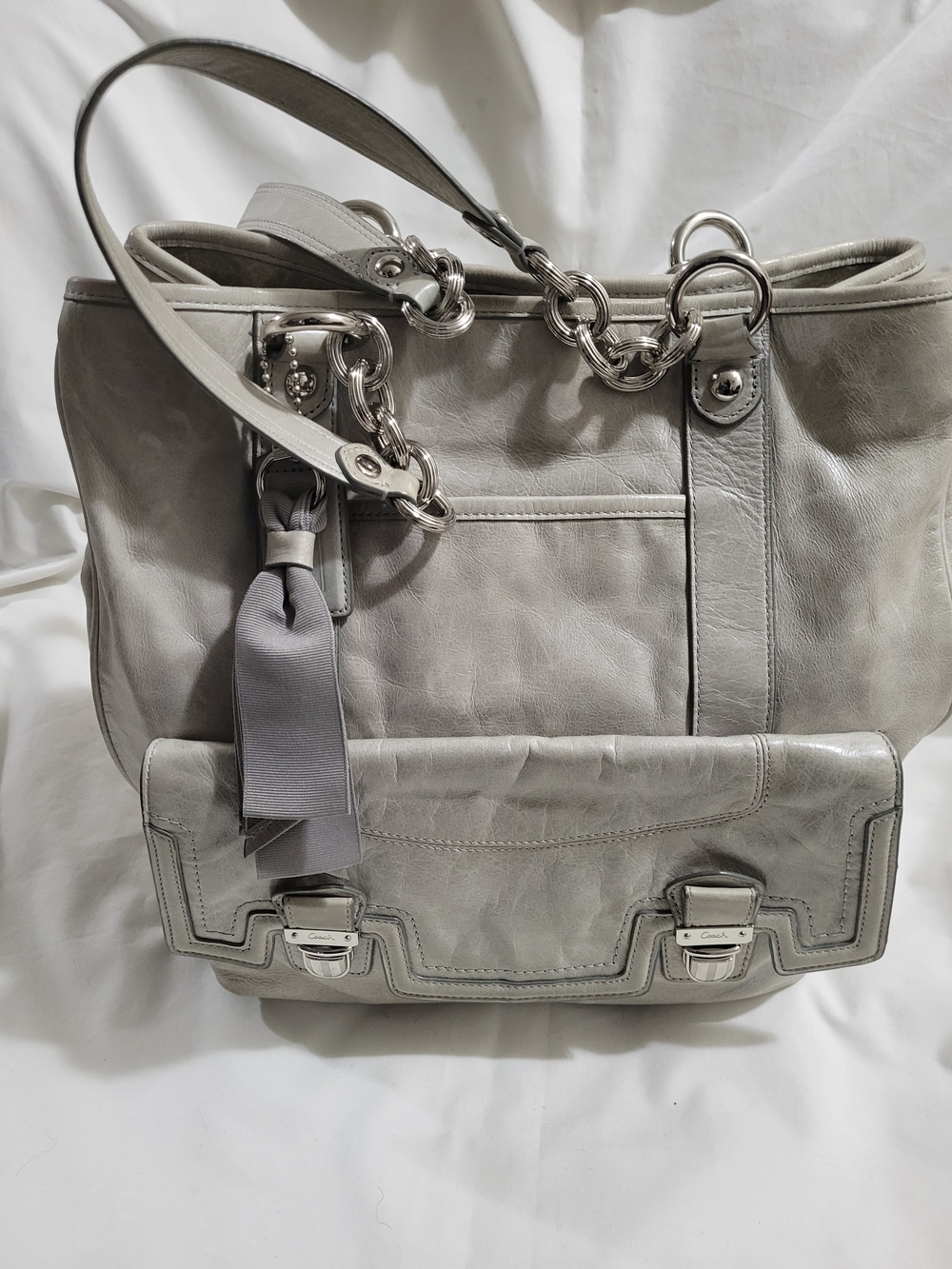 Gray Coach Leather Tote Bag with Silver Hardware